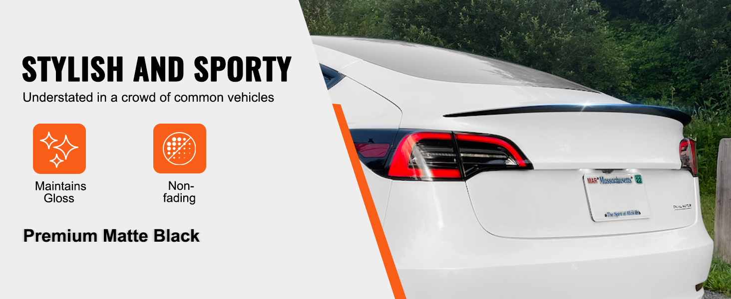 stylish premium matte black VEVOR tesla model 3 spoiler, maintaining gloss and non-fading finish.