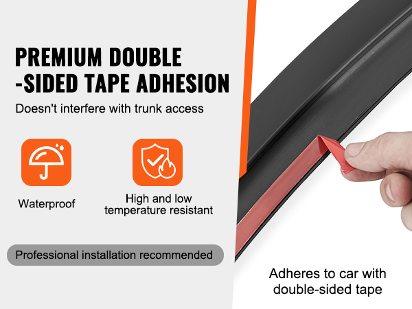 VEVOR tesla model 3 spoiler with double-sided tape adhesion for easy installation, waterproof and temperature resistant.