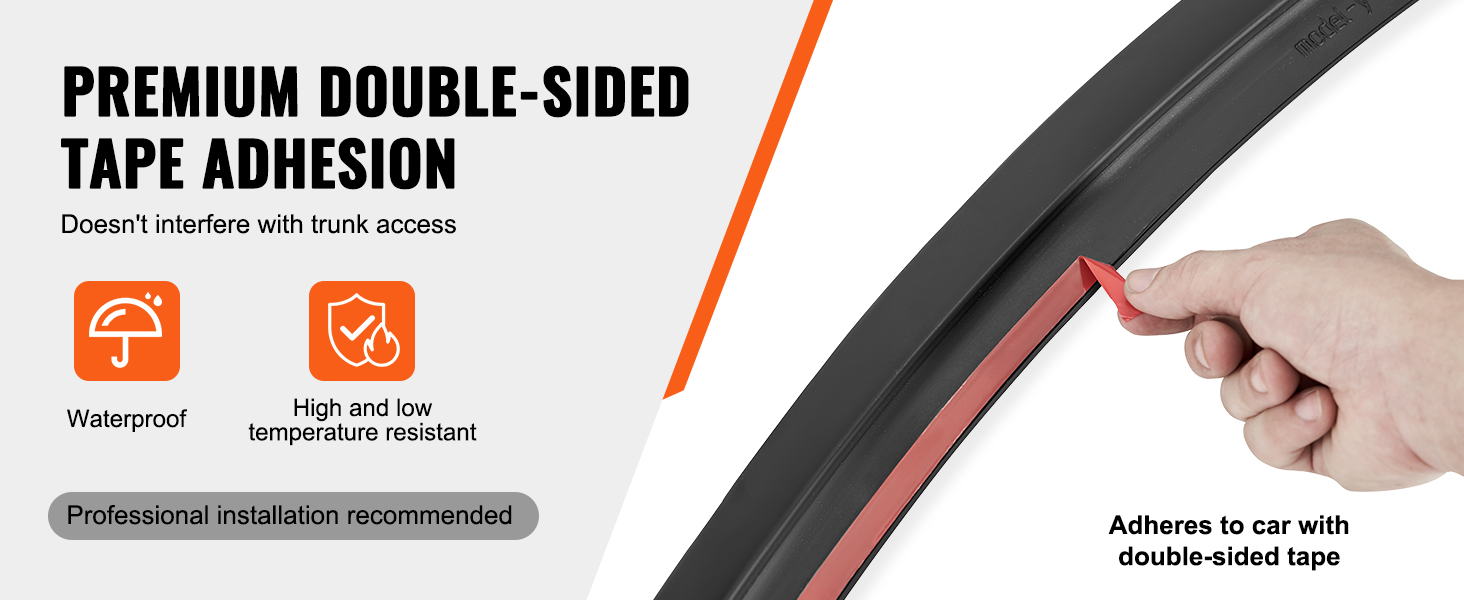 VEVOR tesla model 3 spoiler with double-sided tape adhesion for easy installation, waterproof and temperature resistant.