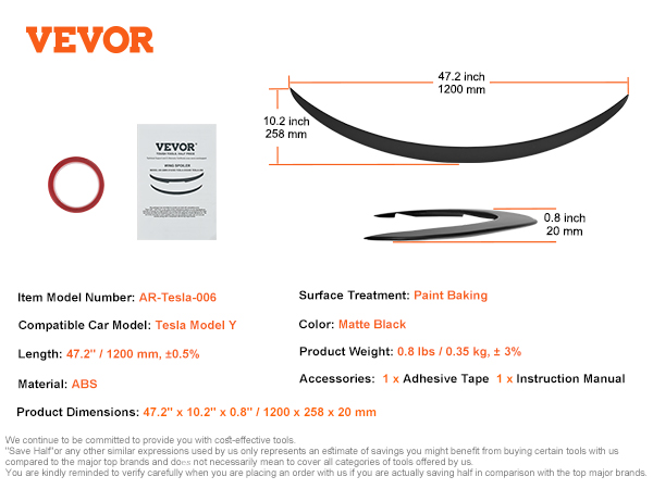 VEVOR tesla model y spoiler, matte black, 47.2"x10.2"x0.8", durable abs with adhesive tape and manual.