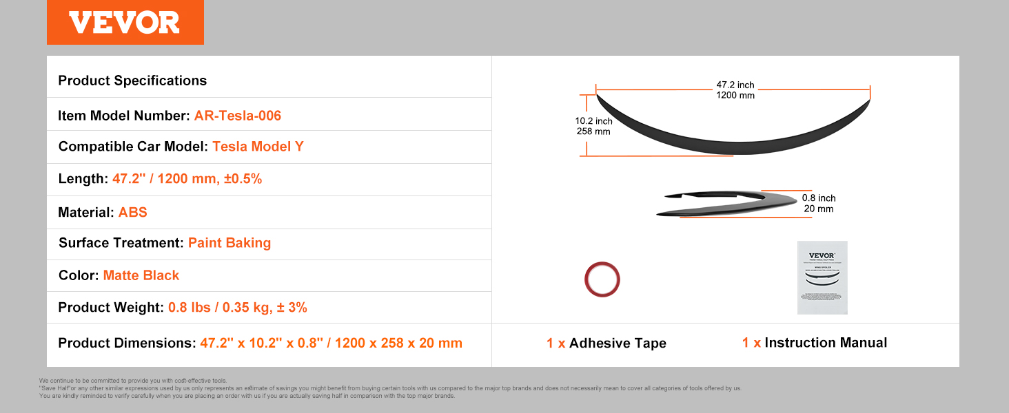 VEVOR tesla model y spoiler, matte black, 47.2"x10.2"x0.8", durable abs with adhesive tape and manual.