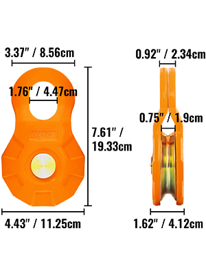 VEVOR bloka izmēri: augstums 7,61", platums 4,43" un biezums 0,92". oranža krāsa, metāla konstrukcija.