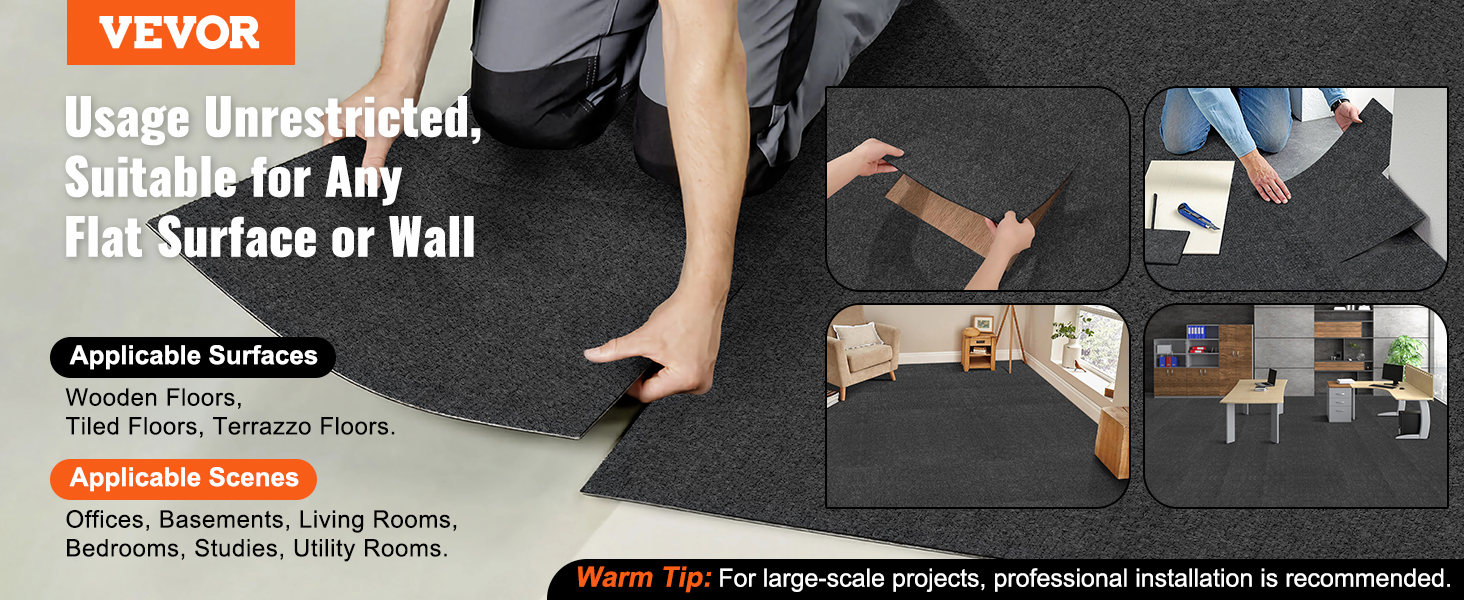 VEVOR carpet tiles being installed on various surfaces; suitable for offices, bedrooms, and more.