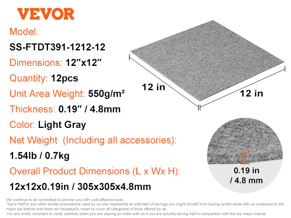 VEVOR carpet tiles, model ss-ftdt391-1212-12, 12"x12", light gray, 12pcs, 0.19" thick, 1.54lb.