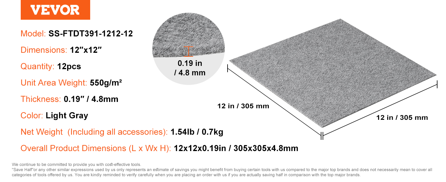 VEVOR carpet tiles, model ss-ftdt391-1212-12, 12"x12", light gray, 12pcs, 0.19" thick, 1.54lb.