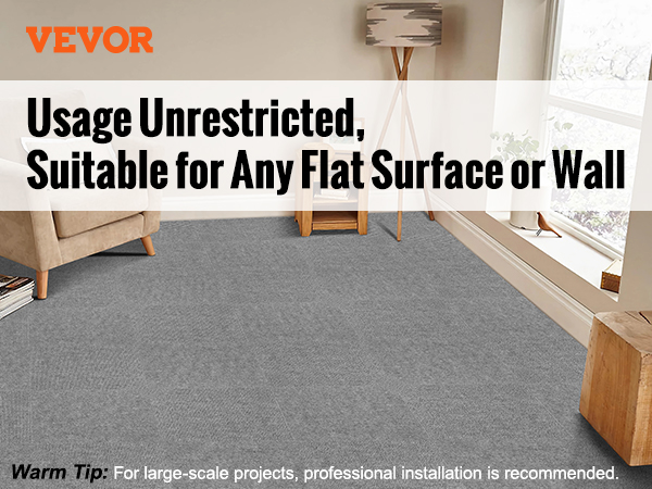 man installing VEVOR carpet tiles on grey surface with scenes depicting various applicable rooms and surfaces.