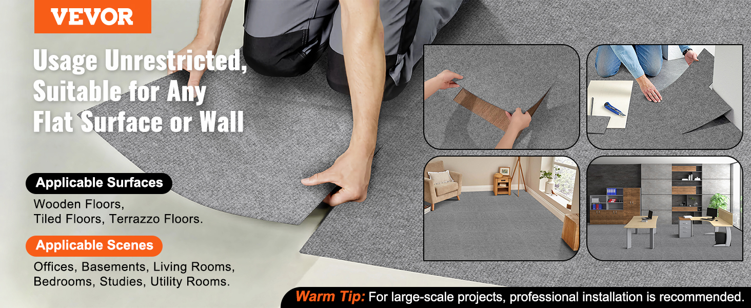 man installing VEVOR carpet tiles on grey surface with scenes depicting various applicable rooms and surfaces.