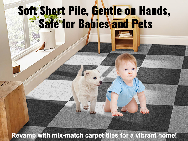 child and dog on VEVOR carpet tiles, showcasing soft short pile tiles in a modern, cozy home interior.
