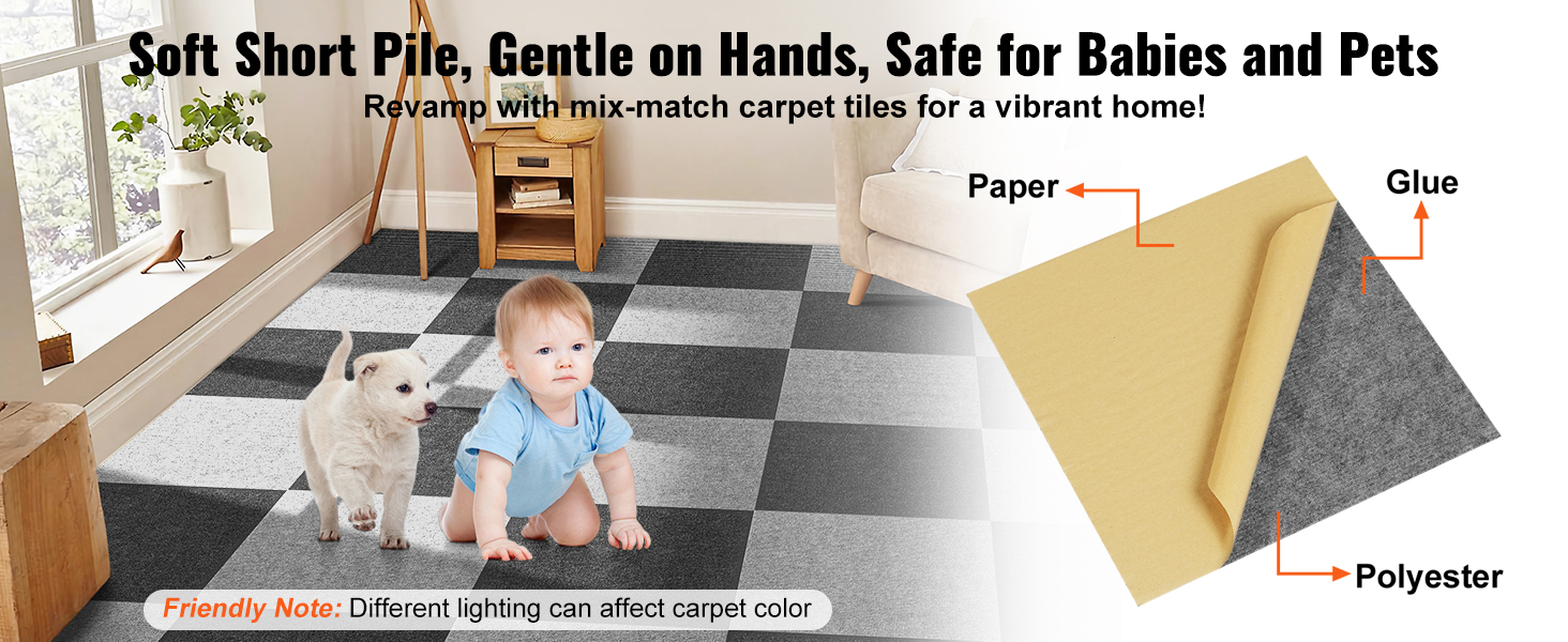 child and dog on VEVOR carpet tiles, showcasing soft short pile tiles in a modern, cozy home interior.