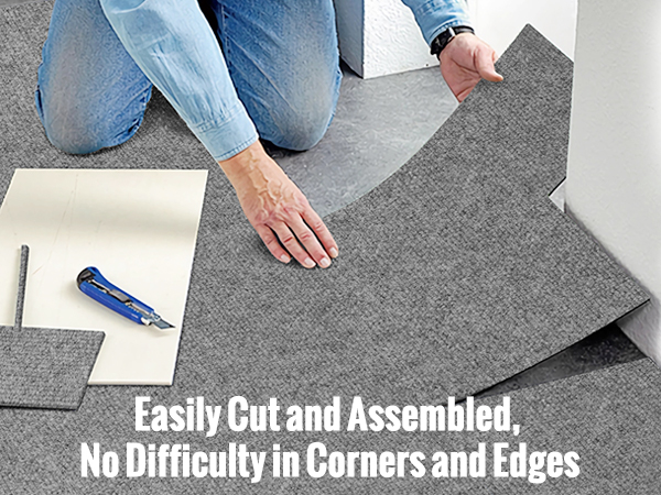 person cutting and assembling VEVOR carpet tiles with ease, showing their flexibility for corners and edges.