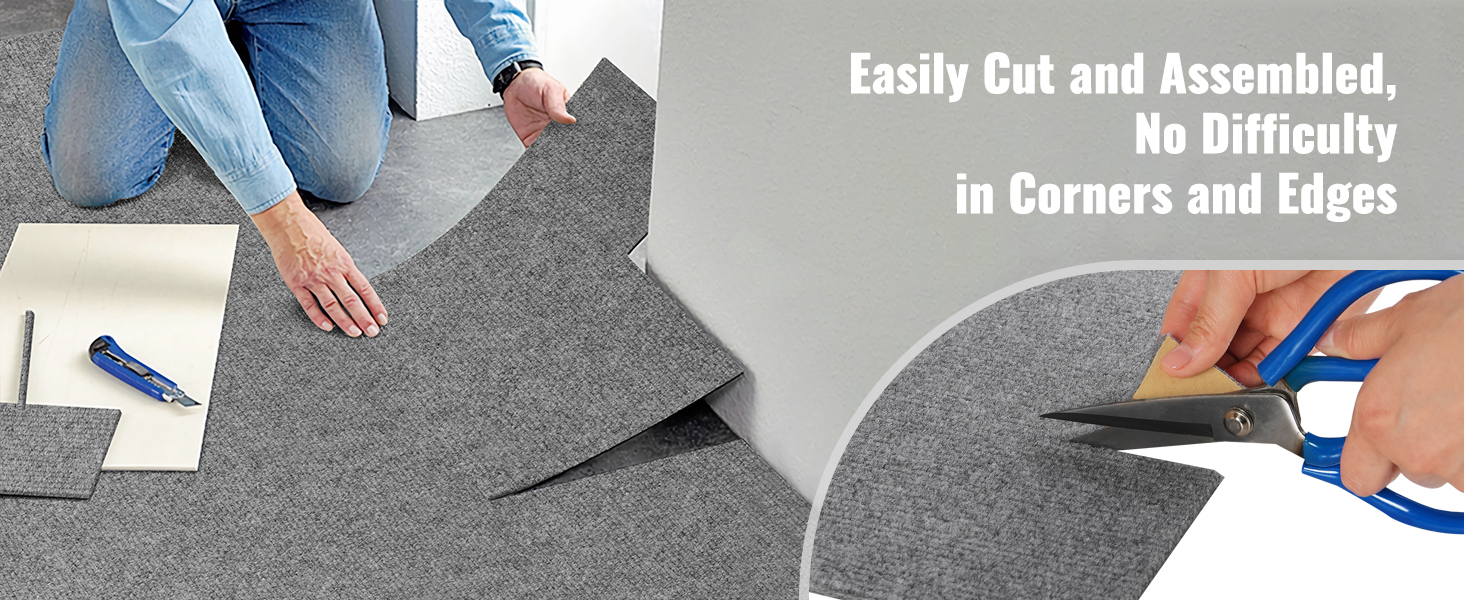 person cutting and assembling VEVOR carpet tiles with ease, showing their flexibility for corners and edges.