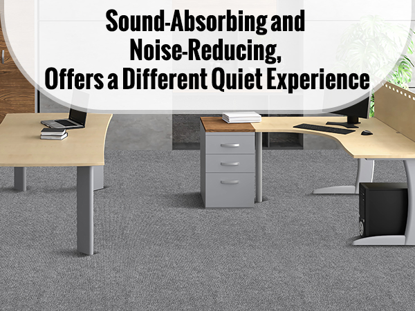 modern office with grey VEVOR carpet tiles, wooden shelves, and desks; promoting noise reduction and comfort.
