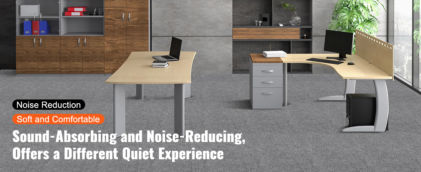 modern office with grey VEVOR carpet tiles, wooden shelves, and desks; promoting noise reduction and comfort.