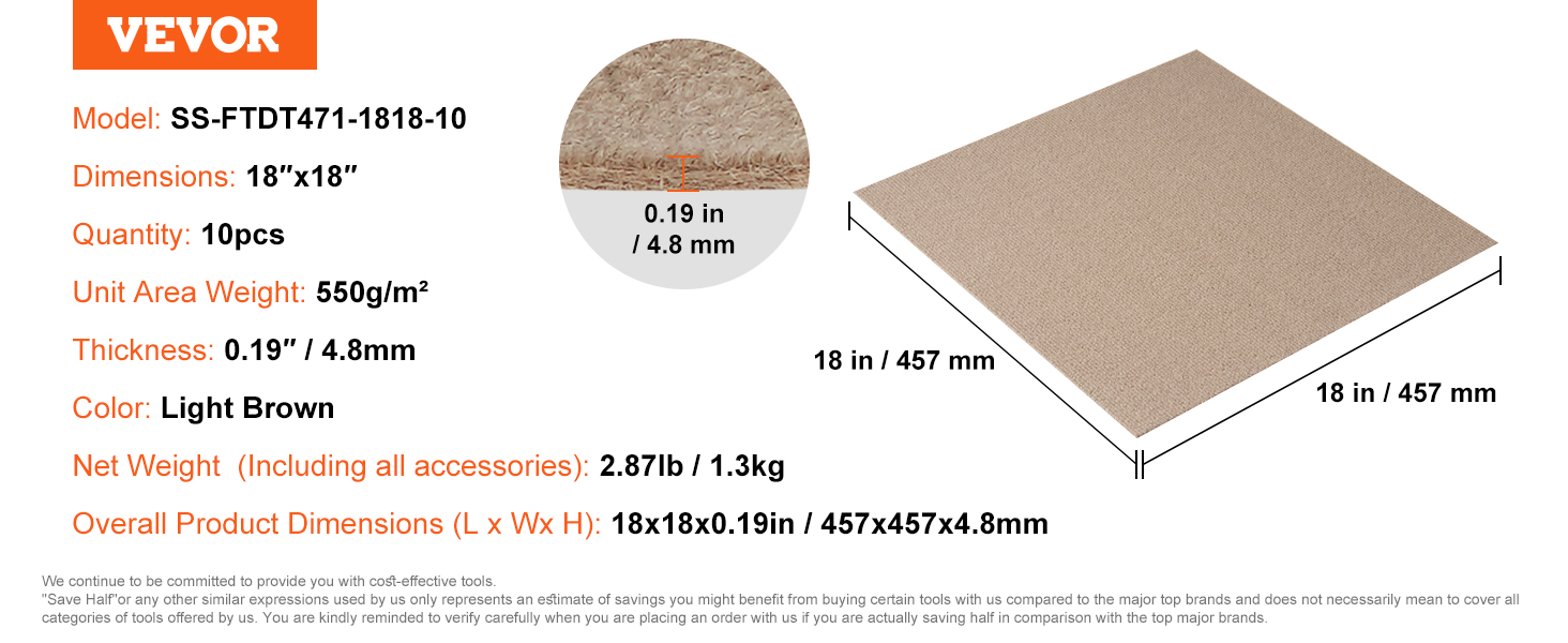 VEVOR carpet tiles model ss-ftdt471-1818-10, 18"x18", 10pcs, light brown, 4.8mm thick, 550g/m² unit area weight.