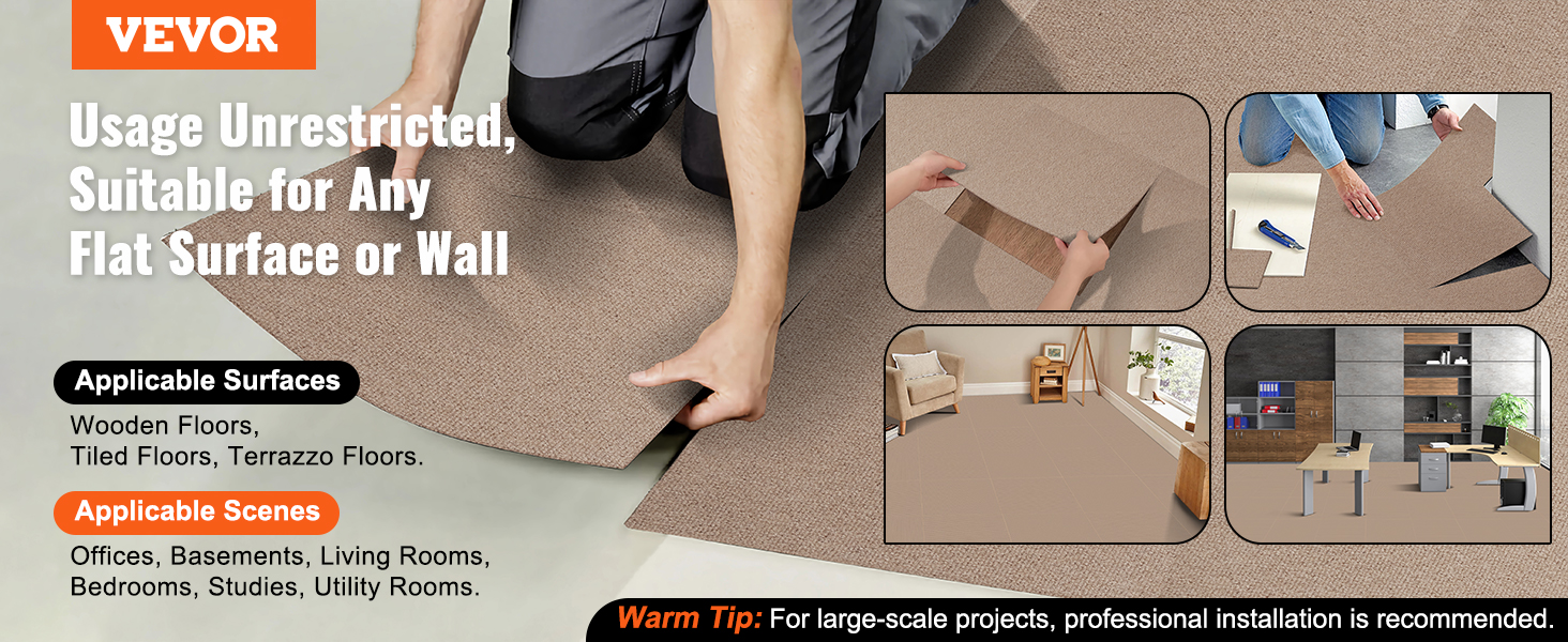 VEVOR carpet tiles being installed on various flat surfaces, ideal for offices, basements, and living rooms.