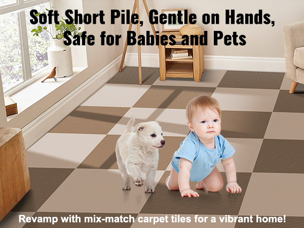 soft short pile VEVOR carpet tiles, safe for babies and pets, revamp your home with mix-match colors.