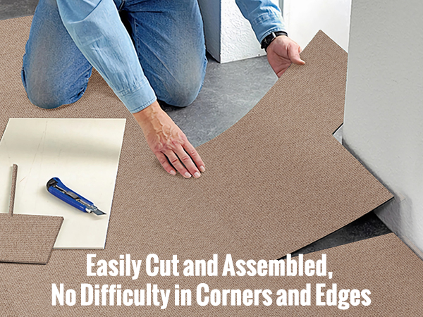 installing VEVOR carpet tiles easily cut and assembled, fitting perfectly in corners and edges.