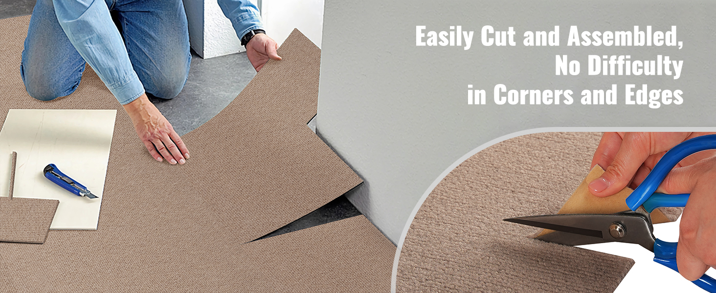 installing VEVOR carpet tiles easily cut and assembled, fitting perfectly in corners and edges.