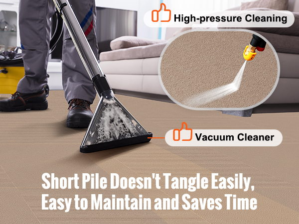 person cleaning VEVOR carpet tiles with high-pressure cleaning and vacuum cleaner, easy maintenance tip.