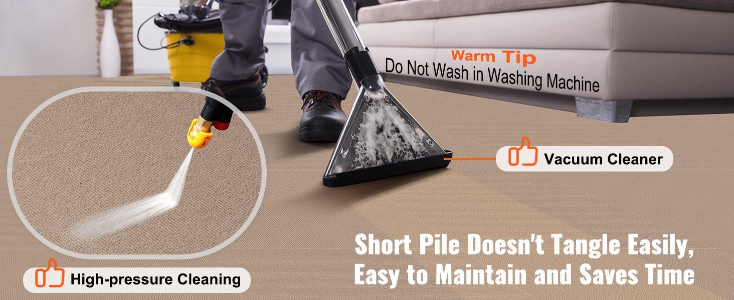 person cleaning VEVOR carpet tiles with high-pressure cleaning and vacuum cleaner, easy maintenance tip.
