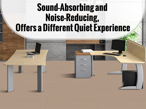 modern office with VEVOR carpet tiles, featuring sound-absorbing desks and wooden cabinets.