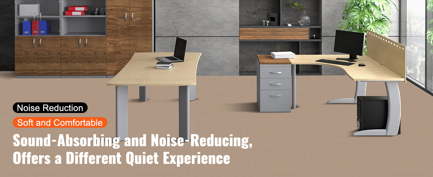 modern office with VEVOR carpet tiles, featuring sound-absorbing desks and wooden cabinets.