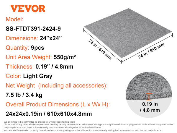 VEVOR carpet tiles, model: ss-ftdt391-2424-9, 24"x24", 9pcs, light gray, thickness: 4.8mm, 7.5lb/set.