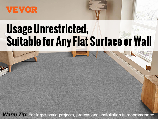 VEVOR carpet tiles being installed on various surfaces, suitable for offices, living rooms, and more.