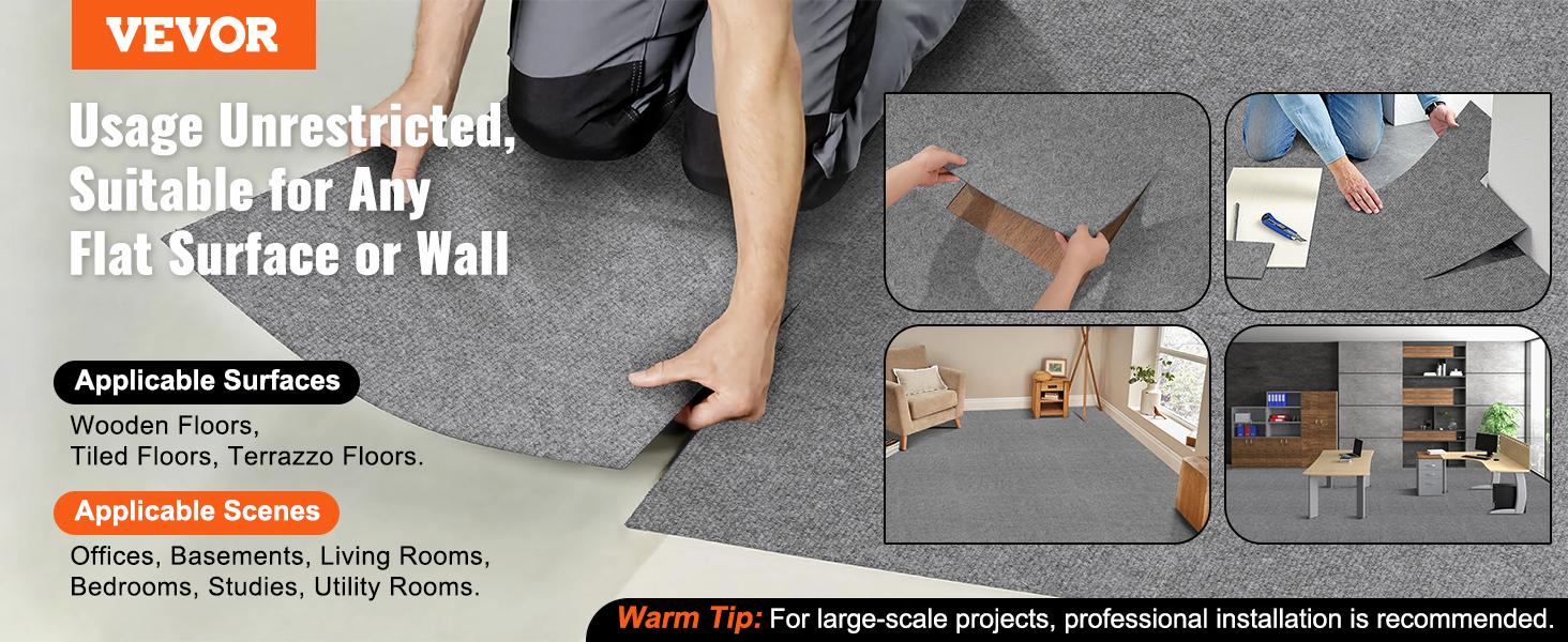 VEVOR carpet tiles being installed on various surfaces, suitable for offices, living rooms, and more.