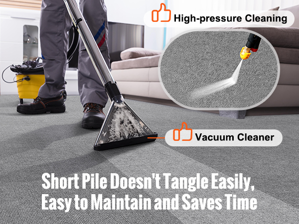 vacuum cleaner and high-pressure cleaning on VEVOR carpet tiles with text "short pile doesn't tangle easily."