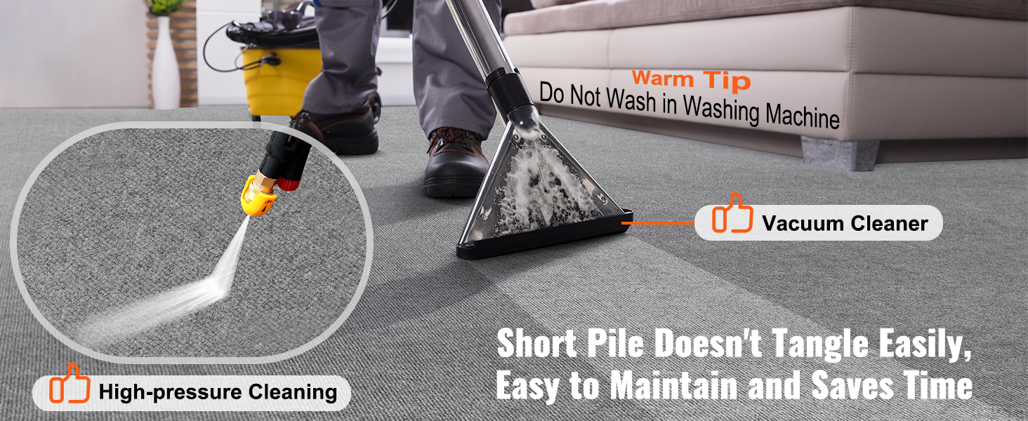 vacuum cleaner and high-pressure cleaning on VEVOR carpet tiles with text "short pile doesn't tangle easily."