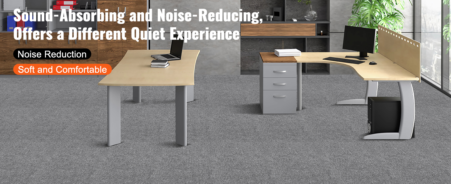 VEVOR carpet tiles in a modern office setup with desks, chairs, and plants, emphasizing noise reduction.