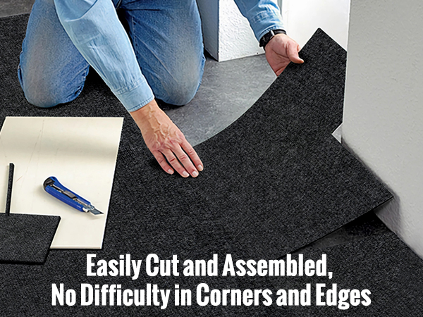 installing VEVOR carpet tiles, easily cut and assembled, great for corners and edges. tools included.