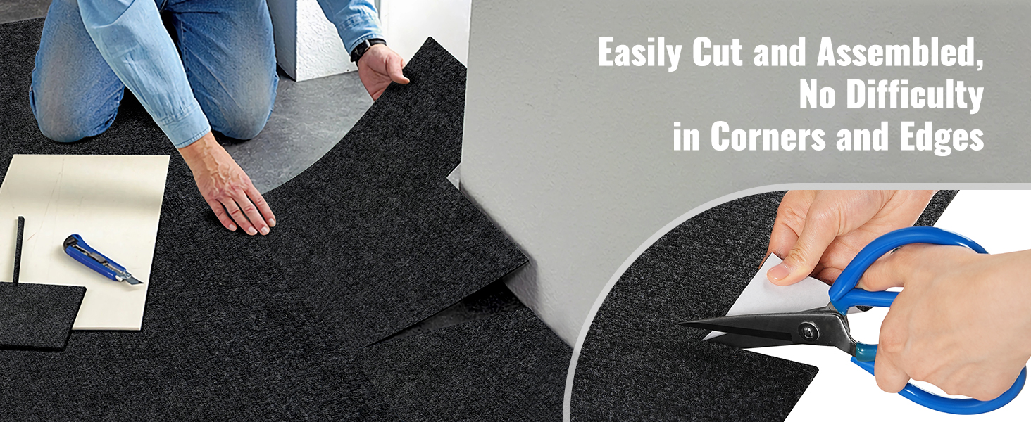 installing VEVOR carpet tiles, easily cut and assembled, great for corners and edges. tools included.