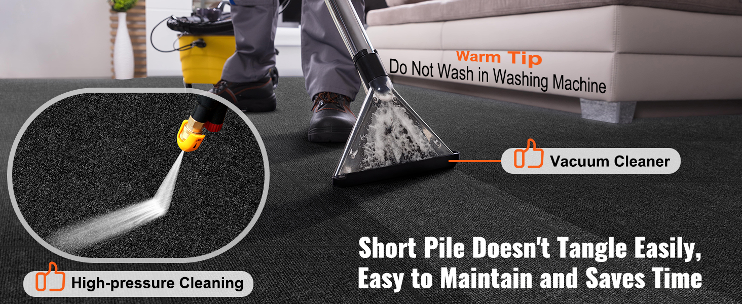 VEVOR carpet tiles being cleaned with a vacuum and high-pressure cleaner, showcasing easy maintenance.