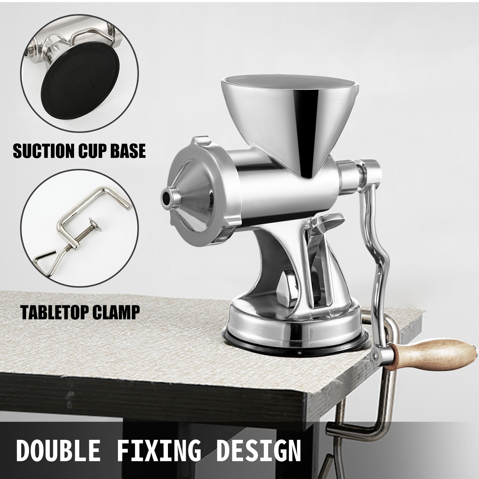 VEVOR wheatgrass juicer with suction cup base and tabletop clamp for stability.