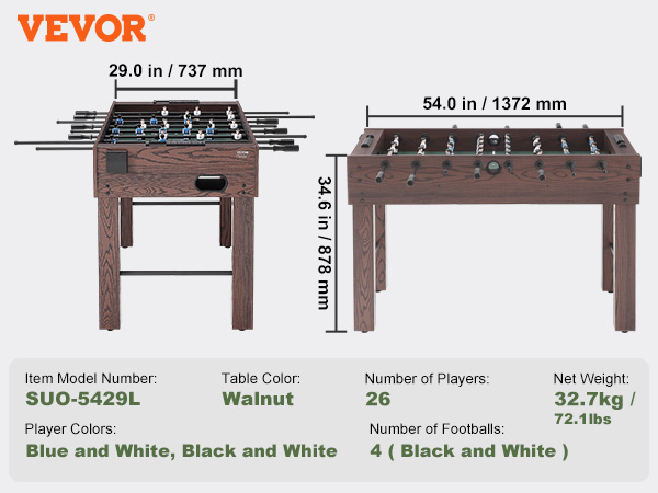 VEVOR foosball table with walnut finish, dimensions: 54"x29"x34.6", 26 player figures, 4 footballs.