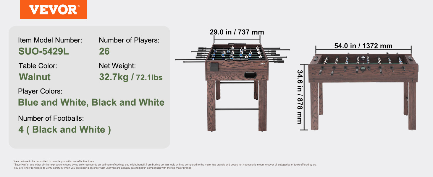 VEVOR foosball table with walnut finish, dimensions: 54"x29"x34.6", 26 player figures, 4 footballs.