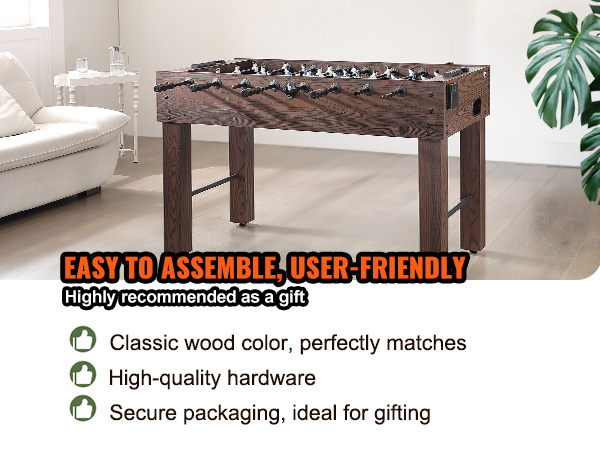 VEVOR foosball table in classic wood finish, easy to assemble, user-friendly, highly recommended as a gift.