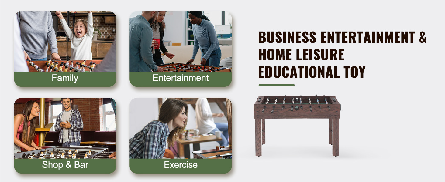 various scenes of people playing on a VEVOR foosball table, highlighting family fun, entertainment