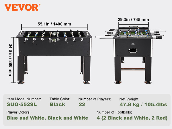 VEVOR foosball table with 22 players, black color, 47.8 kg, dimensions 55.1" x 29.3" x 34.6".