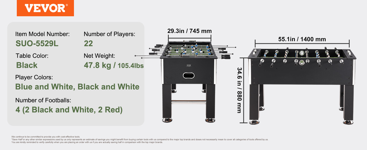 VEVOR foosball table with 22 players, black color, 47.8 kg, dimensions 55.1" x 29.3" x 34.6".