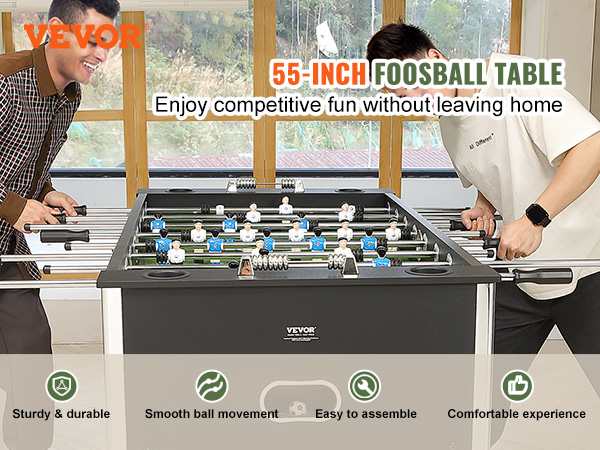 VEVOR foosball table - 55-inch, durable, easy to assemble, smooth ball movement, comfortable experience.