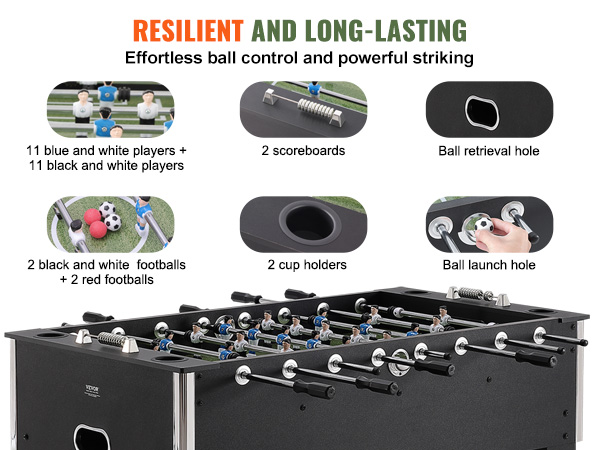 VEVOR foosball table with 22 players, 4 footballs, 2 scoreboards, 2 cup holders, and ball launch hole.