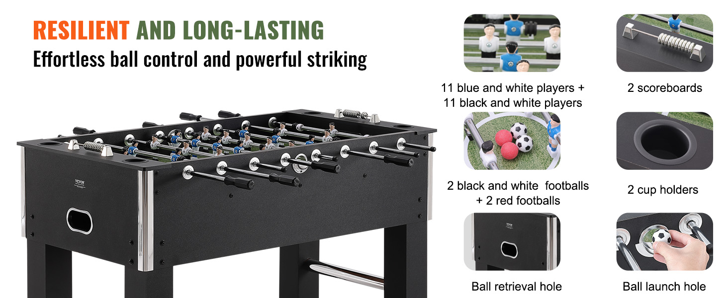 VEVOR foosball table with 22 players, 4 footballs, 2 scoreboards, 2 cup holders, and ball launch hole.
