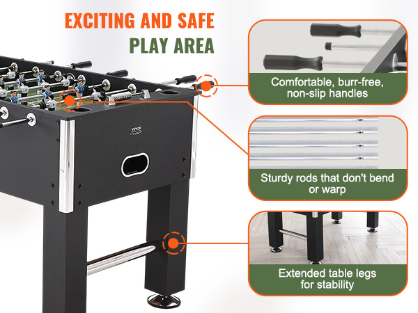 VEVOR foosball table features comfortable, non-slip handles, sturdy rods, and extended legs for stability.