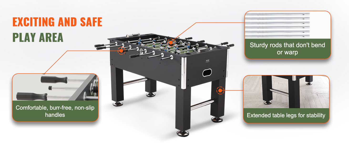 VEVOR foosball table features comfortable, non-slip handles, sturdy rods, and extended legs for stability.