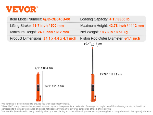 VEVOR hydraulic long ram jack, 4-ton capacity, 19.7-inch stroke, and 43.78-inch max height.
