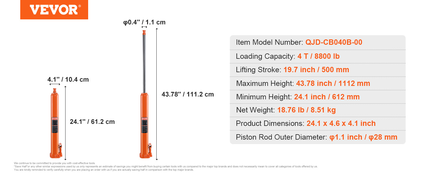 VEVOR hydraulic long ram jack, 4-ton capacity, 19.7-inch stroke, and 43.78-inch max height.