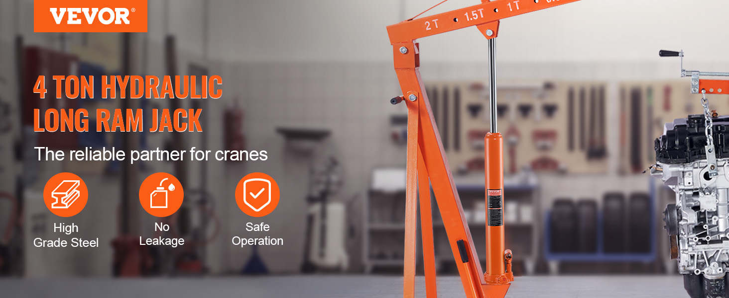 VEVOR hydraulic long ram jack lifting equipment in workshop with text highlighting features and benefits.